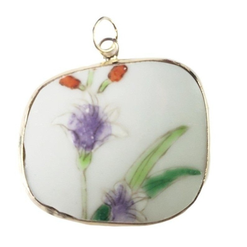 Broken China Pendant Upcycled Purple Floral Porcelain Pottery Shard Violet Iris